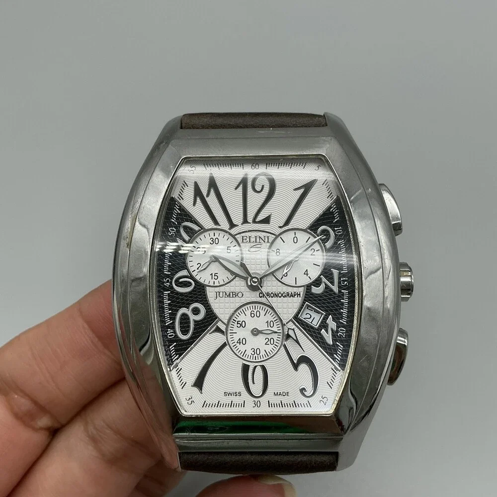 Elini Jumbo Chronograph Mens Watch 45mm Panda Leather Swiss New Battery
